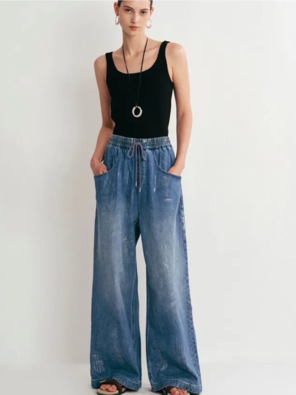 Wide Leg Drawstring Denim Jeans - Blue